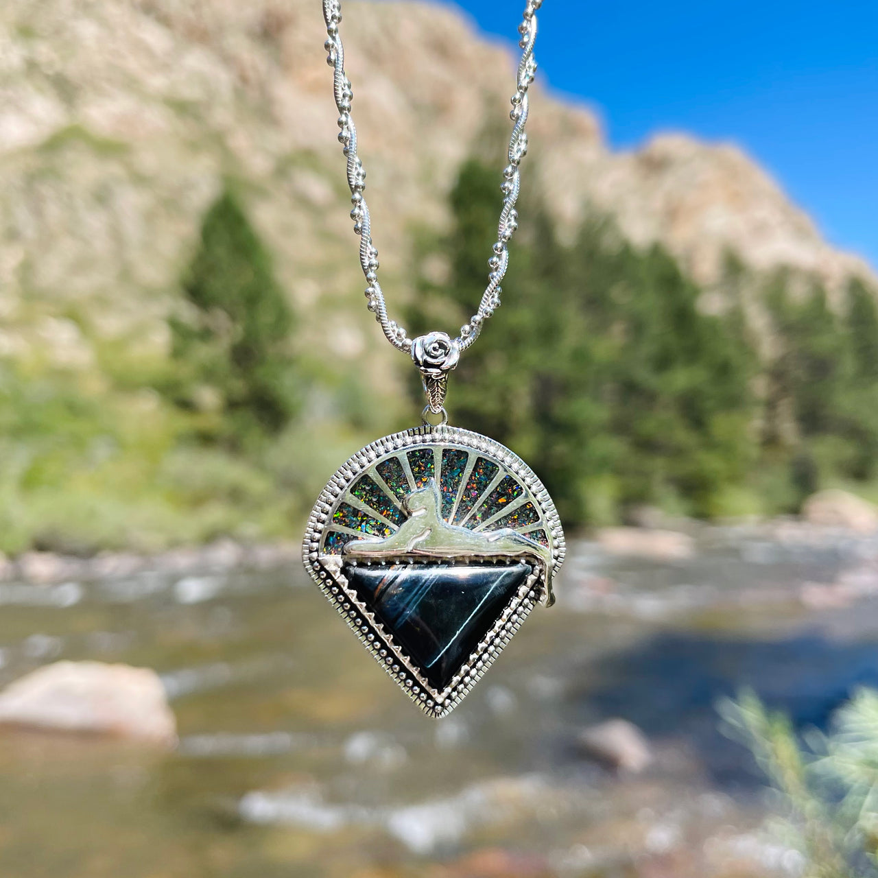 Cats Under the Stars Pendant | Blue Tigers Eye / Black Opal