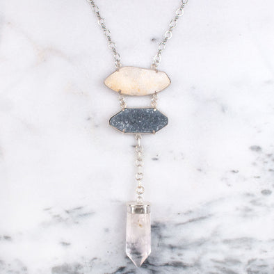 A One of a Kind Statement Necklace featuring Quartz Crystals set in Sterling Silver, handmade by Tribe Jewelry Designer Sarah Lewis.  