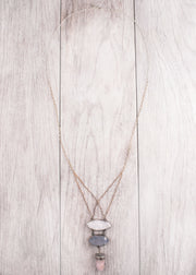 A One of a Kind Statement Necklace featuring a Drusy Quartz and Amethyst Spirit Quartz Crystals set in Oxidized Sterling Silver, handmade by Tribe Jewelry Designer Sarah Lewis.  