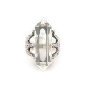 A Bohemian style statement ring featuring a Quartz Crystal set in oxidized Sterling Silver, by Tribe Jewelry Designer Sarah Lewis.