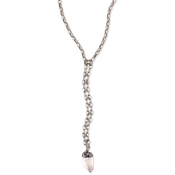A Bohemian style Silver Plated Y Chain Necklace, featuring Quartz Crystal Pendant, handmade by Tribe Jewelry Designer Sarah Lewis. 