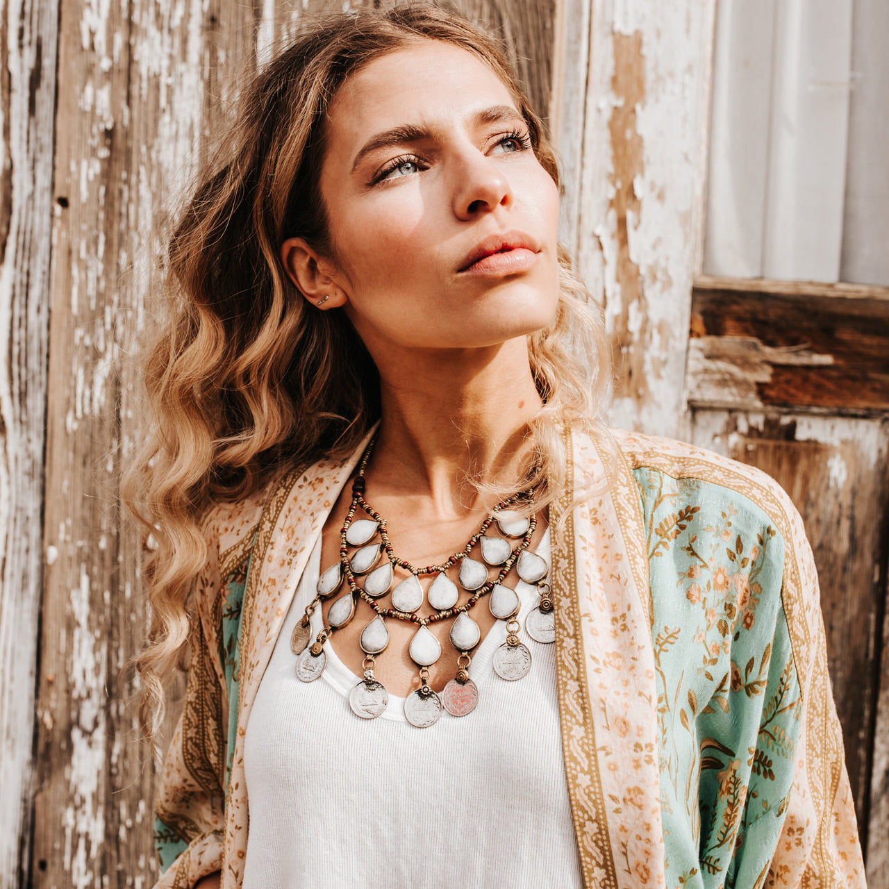 Kuchi Coined Bib Necklace | White Jade