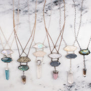 A One of a Kind Statement Necklace featuring a Drusy Quartz and Amethyst Spirit Quartz Crystals set in Oxidized Sterling Silver, handmade by Tribe Jewelry Designer Sarah Lewis.  