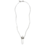 A Sterling Silver Necklace, featuring a Quartz Crystal Pendant with carved geometric pattern on setting. 