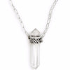 A Sterling Silver Necklace, featuring a Quartz Crystal Pendant with carved geometric pattern on setting. 