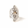 A bohemian style statement ring featuring a smokey quartz crystal pyramid set in sterling silver, with carved geometric sri yantra design, by Tribe Jewelry Designer Sarah Lewis.