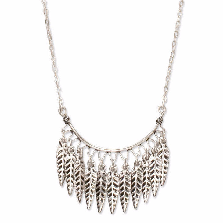 A Bohemian style Necklace features a fringe of feathers hanging on Sterling Silver chain, handmade by Tribe Jewelry Designer Sarah Lewis.